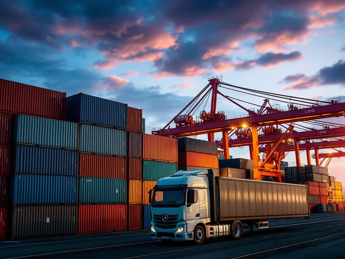 Caminhão posicionado para transporte de containers em terminal logístico